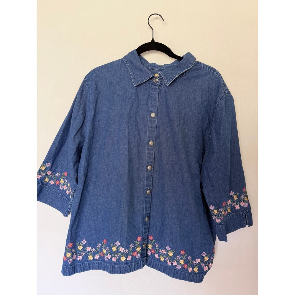 Bechamel Womens denim shirt / blouse with floral embroidery size 1X 100% cotton